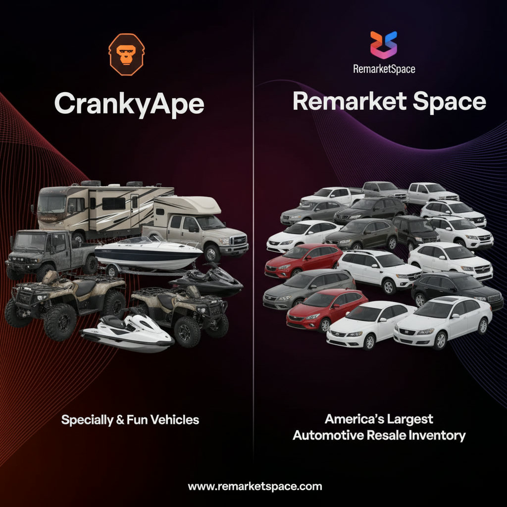 A visual dichotomy showing two distinct inventories. On one side, 'CrankyApe' with various recreational vehicles (RVs, boats, ATVs), and on the other, 'Remarket Space' with a dense and diverse collection of mainstream cars, trucks, and SUVs, emphasizing its suitability for the automotive resale market.