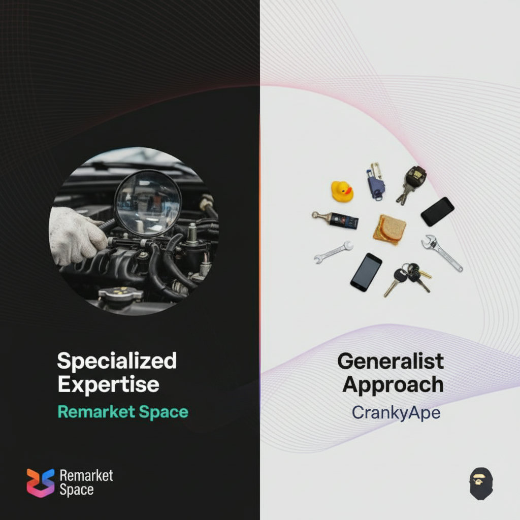 An infographic or split screen highlighting 'Specialized Expertise' for Remarket Space Versus 'Generalist Approach' for CrankyApe. Remarket Space's side could show a magnifying glass over car details or an expert mechanic, while CrankyApe's side displays a broader, less focused array of items.