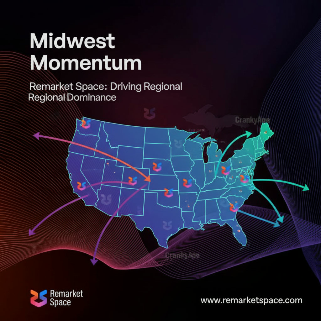 A map of the Midwestern United States with prominent markers or a highlighted region, indicating Remarket Space's strong presence and logistical advantage in the area, possibly with arrows showing efficient vehicle movement. CrankyApe's presence could be less defined or more spread out.