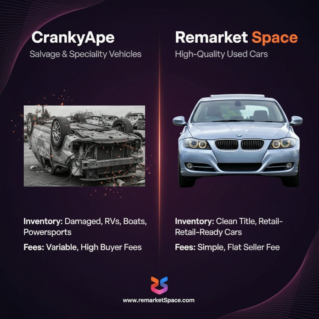 A visual comparison of two auction platforms, CrankyApe and Remarket Space, highlighting their differences in automotive inventory and fee structures. This could involve a split screen or infographic style.