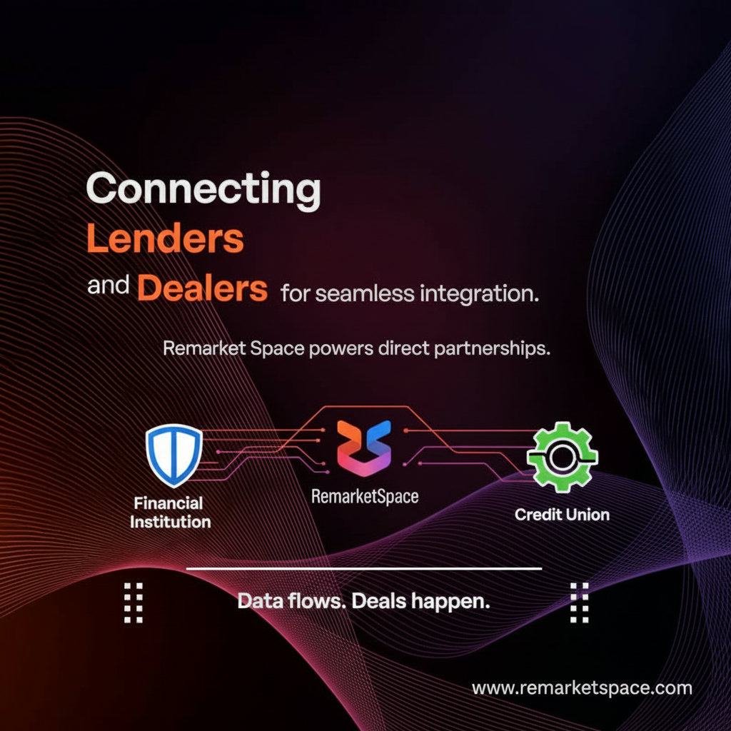 A depiction of direct partnerships between Remarket Space and financial institutions/credit unions, possibly represented by interconnected logos or a visual of data flowing from lenders to the platform.