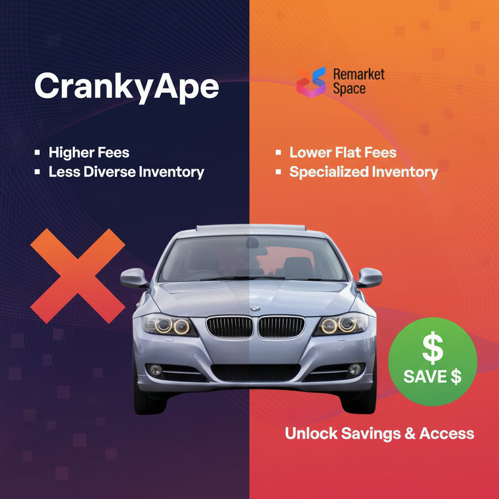 A side-by-side comparison of two auction platforms, CrankyApe and Remarket Space. One side shows higher fees and a less diverse inventory, while the other side highlights lower flat fees and specialized inventory, with a clear indication of savings.