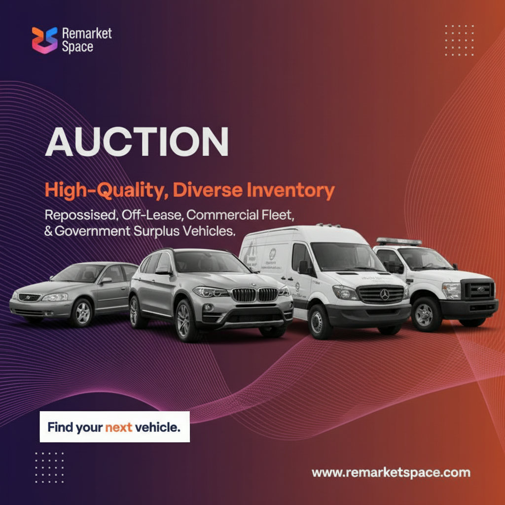 A visual representation of vehicles typically found at auto repair shop auctions, showcasing a variety of vehicles like repossessed cars, off-lease vehicles, commercial fleet vehicles, and government surplus, implying diverse and high-quality inventory.