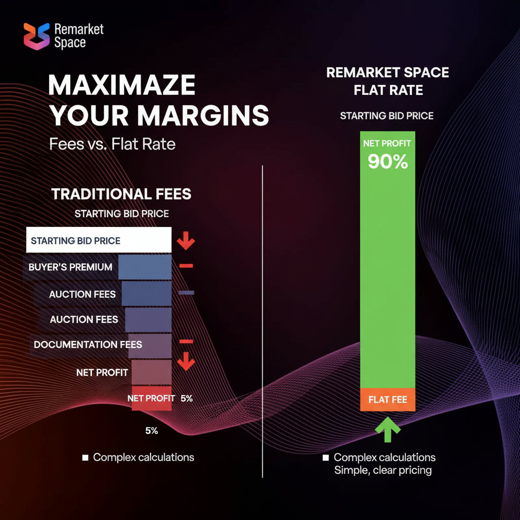 An infographic or chart illustrating how buyer premiums and fees erode profit margins. This could show a starting bid price, progressively shrinking as different fees are applied, contrasting sharply with a more stable, higher profit margin when fees are reduced or flat-rate.