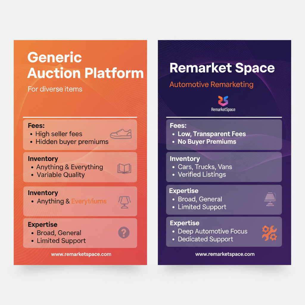 A side-by-side comparison of two auction platforms, highlighting their unique features and benefits related to fees, inventory and expertise. One platform for diverse items, the other for specialized automotive remarketing. Show the differences visually.