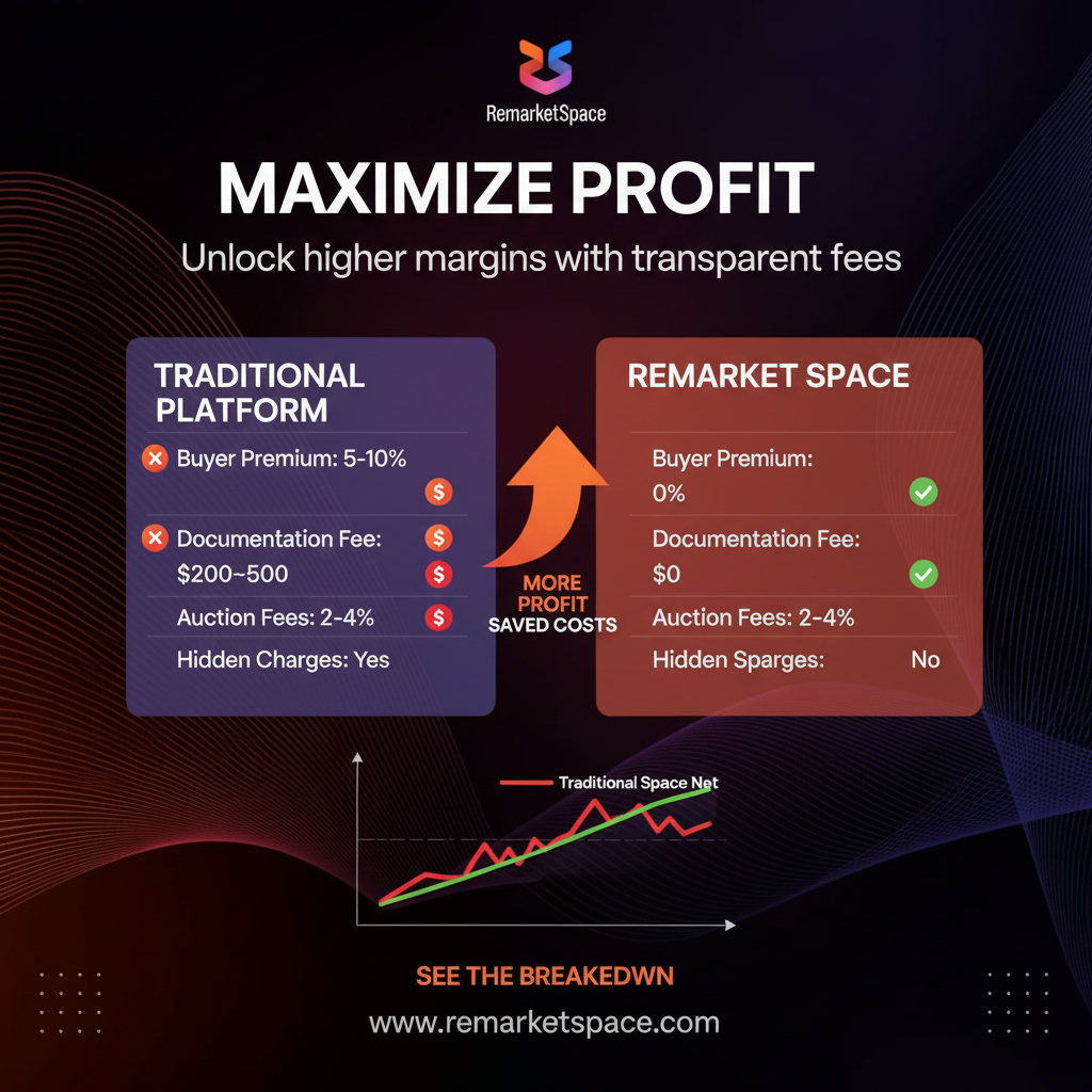 A visual representation of the fee structures of two platforms related to buyer premiums, documentation fees, etc. Emphasize saved costs and increased profit margins, creating a clear financial contrast. Could be presented as a ledger or a graph.