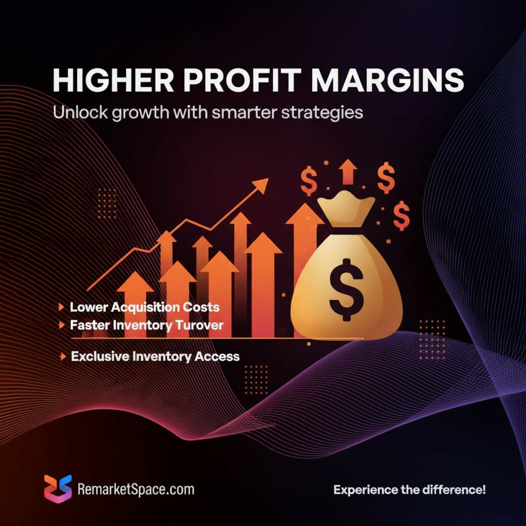 A visualization emphasizing the lower acquisition costs, faster inventory turnover, and exclusive inventory access that contribute to higher profit margins. This could be depicted as a growth chart or a money-themed image.