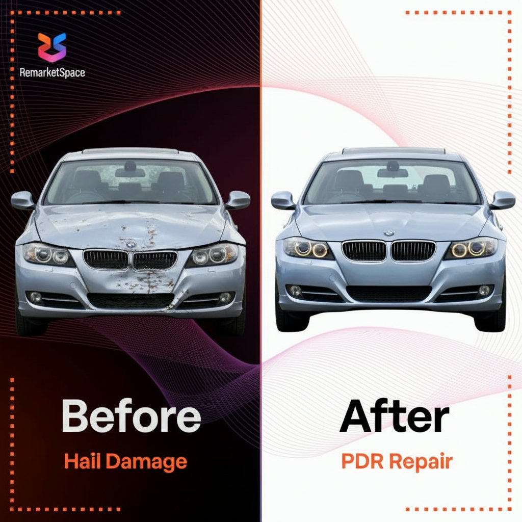 A side-by-side comparison of a car significantly damaged by hail (dents all over) next to a car after successful PDR repair, looking pristine. Highlight the transformation from damaged to repaired.