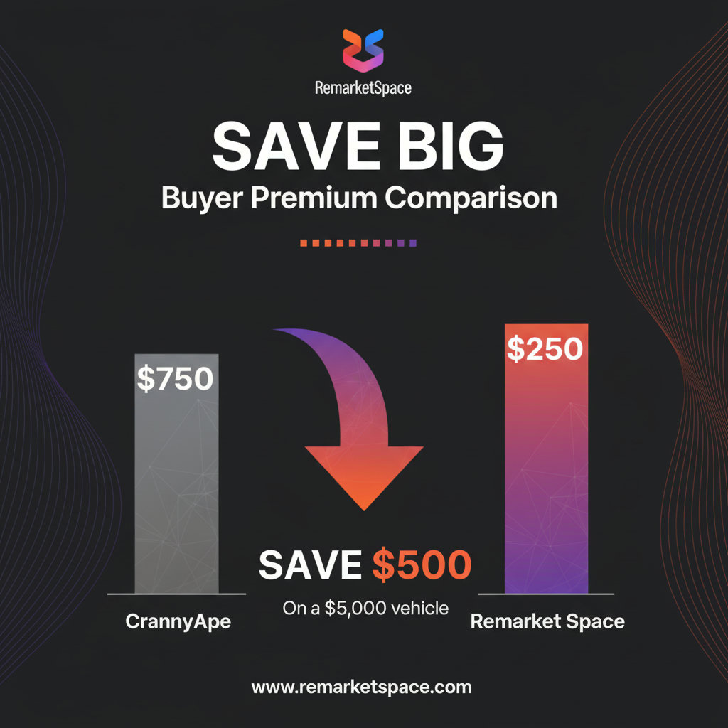 An infographic or chart comparing the buyer premiums of 'CrankyApe' vs. 'Remarket Space' for a hypothetical $5,000 vehicle. Visually represent the dollar amount difference in fees.