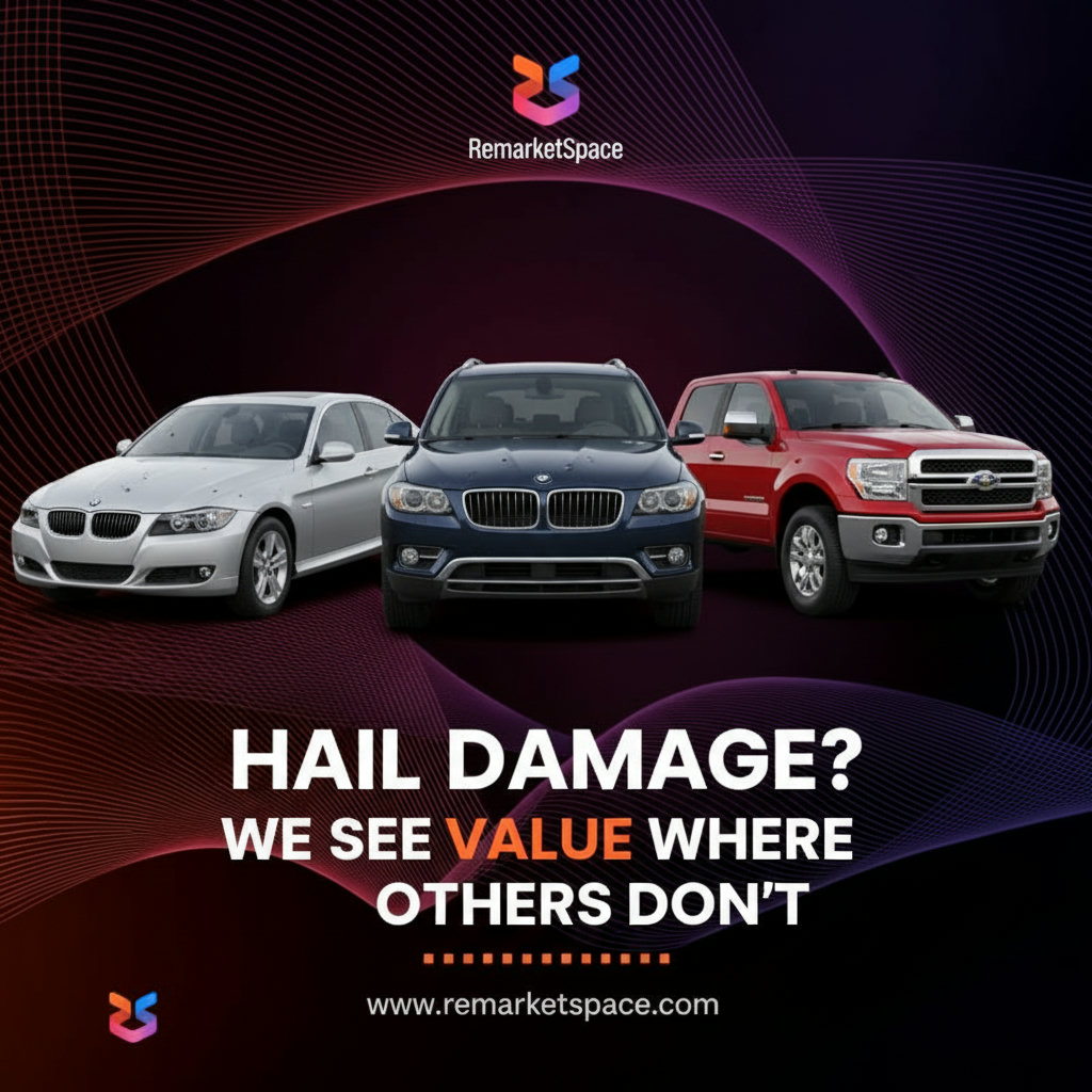 A visual showing a diverse range of vehicles (e.g., sedan, SUV, truck) with clear, but not catastrophic, hail damage (dents on hood, roof). The focus should be on the cosmetic nature of the damage.