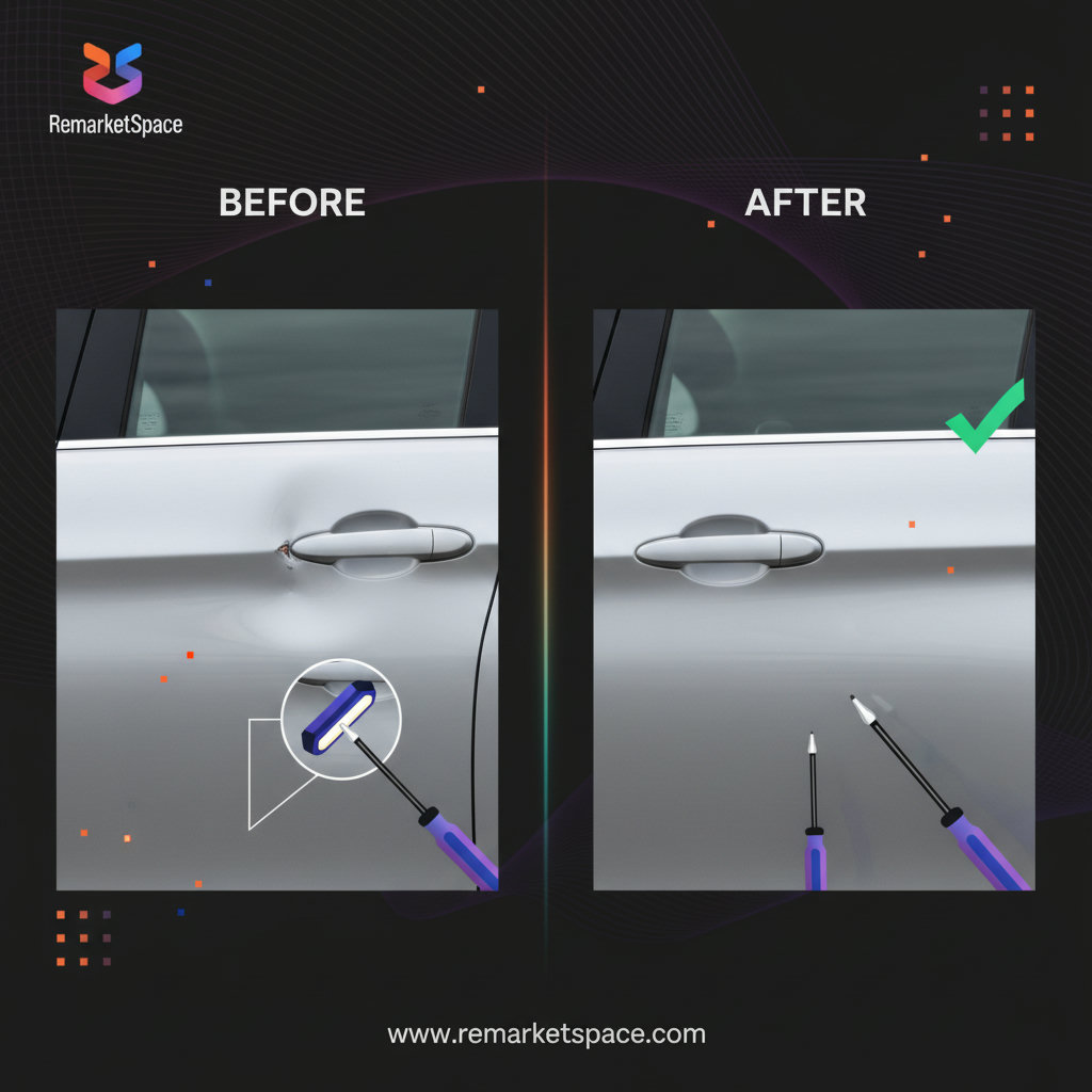 A split image or infographic demonstrating the process of Paintless Dent Repair (PDR), showing specialized tools working on a dented car panel from the inside, with a 'before' and 'after' effect on the same panel.