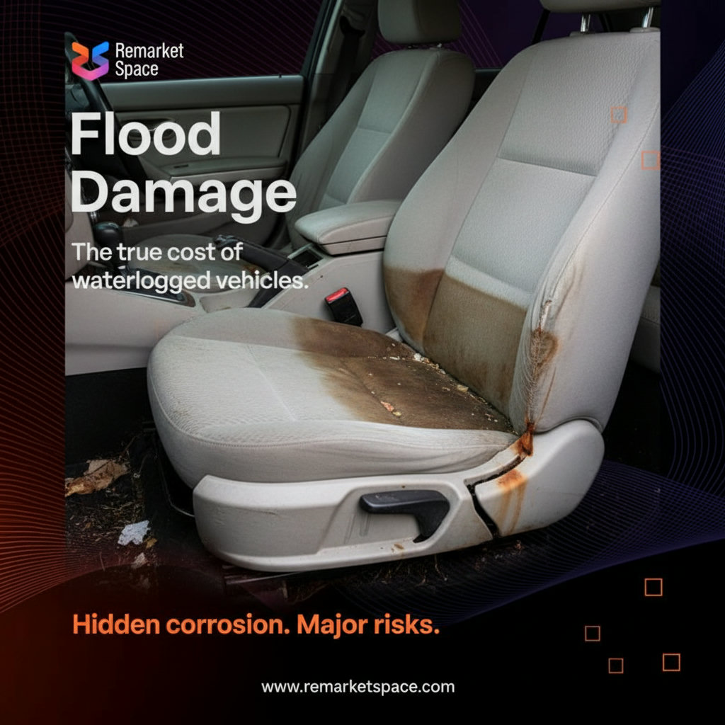 A close-up shot of a car's interior with visible water damage, such as a water line on the upholstery or rust on metal components. This image would highlight the extent of damage in flood-damaged vehicles.