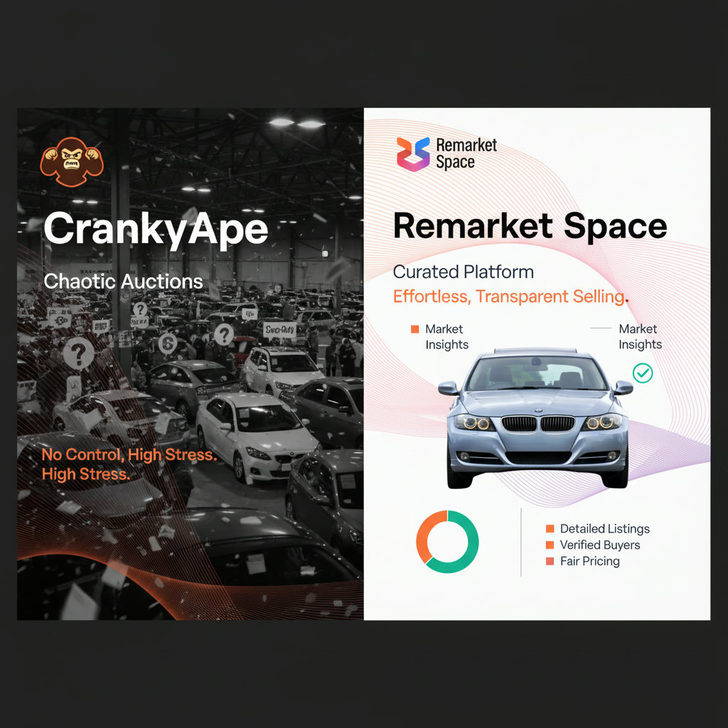 A split image or infographic comparing two car selling platforms. One side shows a generic, crowded, and somewhat chaotic auction scene representing 'CrankyApe', while the other side depicts a streamlined, organized, and focused platform with detailed vehicle information, representing 'Remarket Space'. This visually contrasts the two options mentioned in the article.