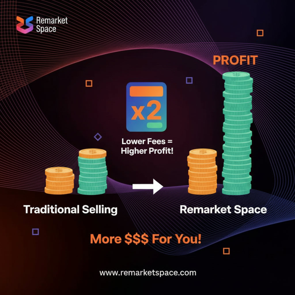 An image illustrating the cost savings of using a specialized platform like Remarket Space. This could be a graphic showing two stacks of money, one significantly taller, representing the higher profit margins due to lower fees. Perhaps with a calculator or a graph emphasizing the 'profitability factor'.