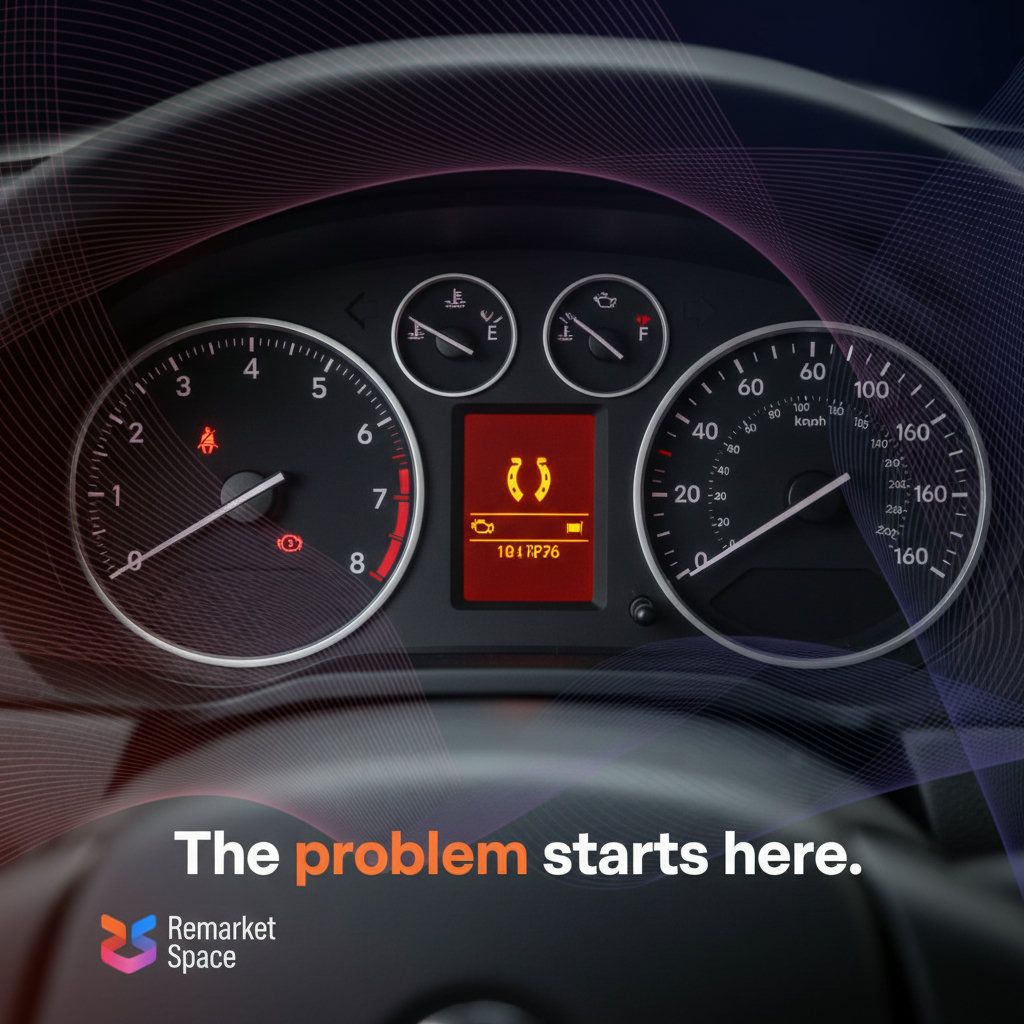A close-up of a car's dashboard with the TPMS warning light illuminated, surrounded by other dashboard indicators. This visually represents the initial problem discussed.