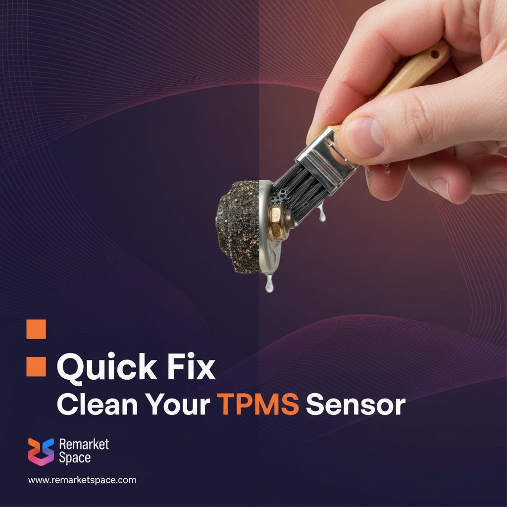 An image demonstrating the process of cleaning a TPMS sensor. This could be a hand gently scrubbing a sensor with a brush and cleaner, perhaps with a before-and-after effect or clear steps. This highlights a key 'quick fix'.
