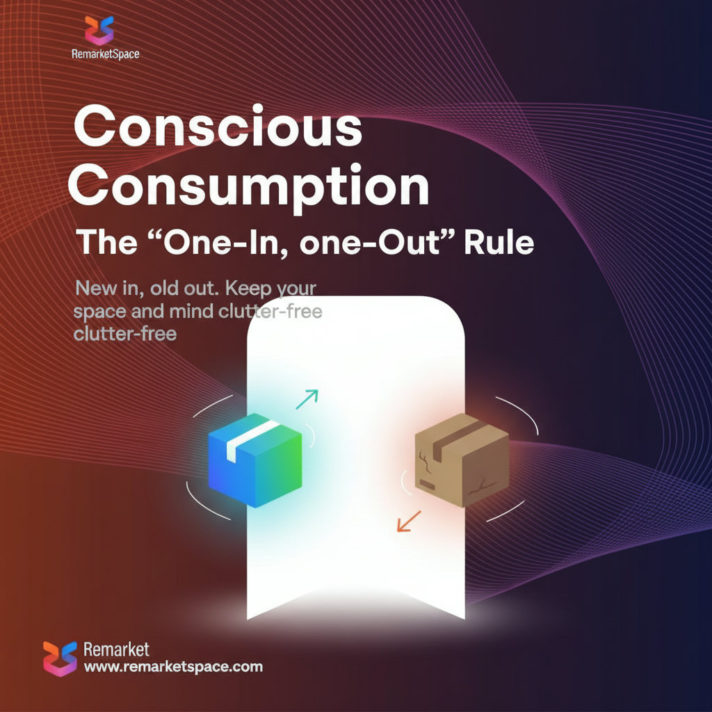 A visual representation of the 'one-in, one-out' rule, perhaps with an item clearly entering a home and another leaving, symbolizing conscious consumption.