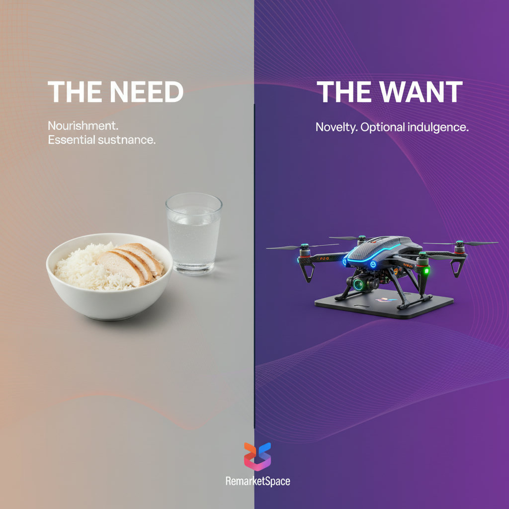 A split image showing a 'need' (e.g., a simple meal) versus a 'want' (e.g., an expensive, unnecessary gadget), illustrating thoughtful purchasing decisions.