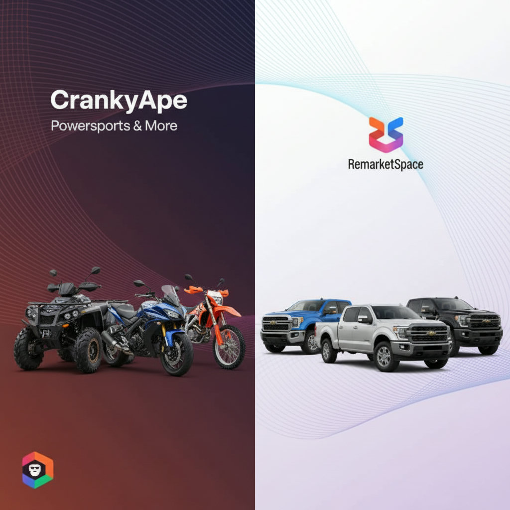 A side-by-side comparison of CrankyApe and Remarket Space logos on a split screen, with CrankyApe's side featuring powersports vehicles like ATVs and motorcycles, and Remarket Space's side showcasing a variety of pickup trucks.
