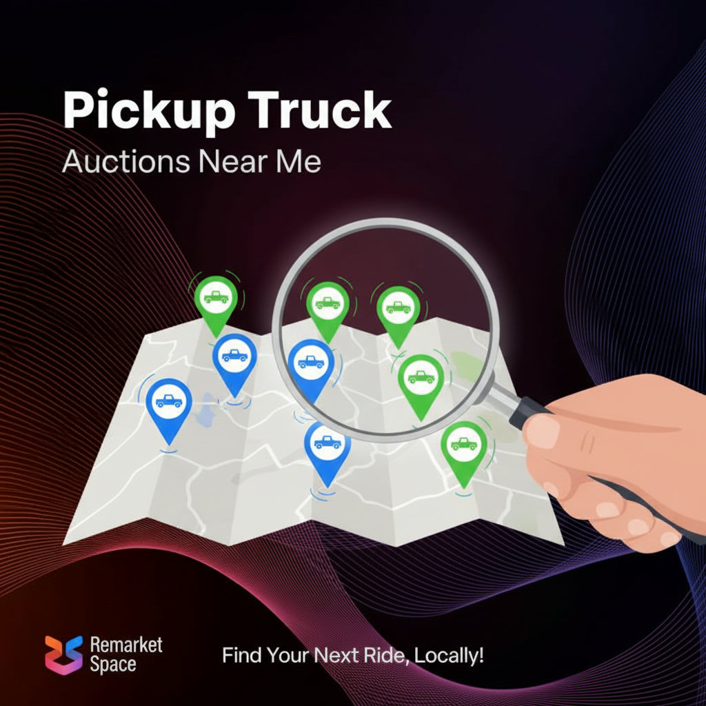 A magnifying glass hovering over a map with multiple pins, indicating various 'pickup truck auctions near me,' emphasizing the local search aspect.