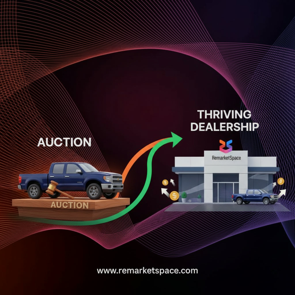 A graphic illustrating the journey of a pickup truck from an auction block to a thriving dealership, symbolizing profit potential and business growth.