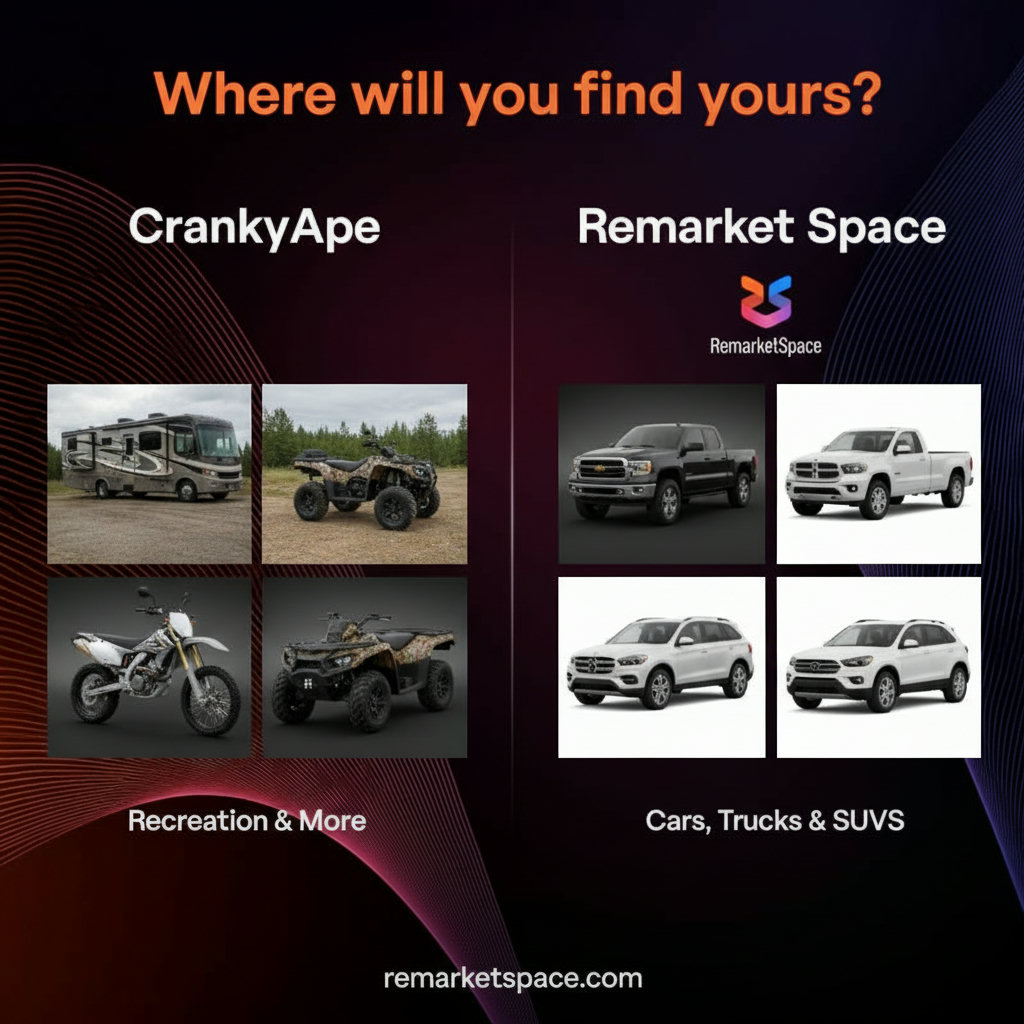 A visually striking comparison of two auction platforms, CrankyApe and Remarket Space. CrankyApe is depicted with recreational vehicles like motorcycles, ATVs, and RVs, while Remarket Space showcases a wide array of cars, trucks, and SUVs. The image should highlight their distinct inventory focus.