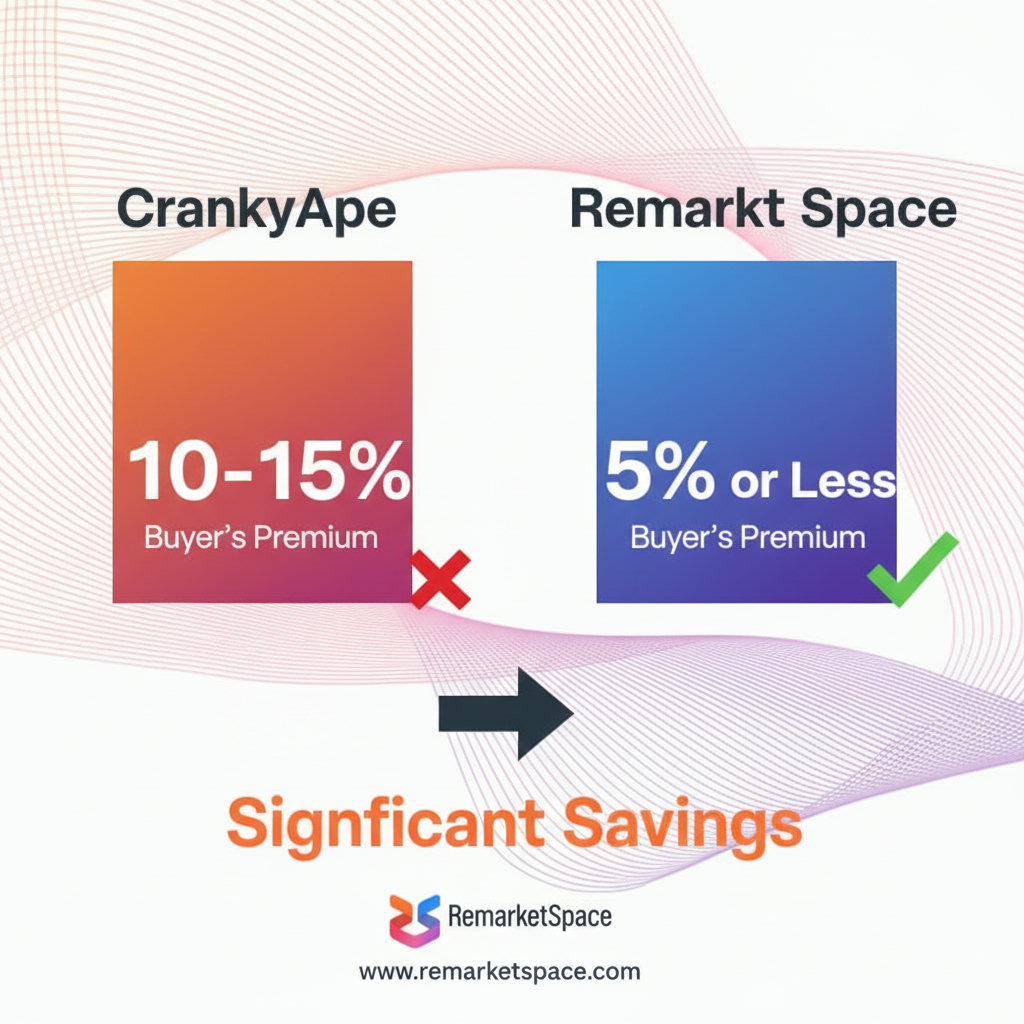 An infographic or chart illustrating the difference in buyer premiums between CrankyApe and Remarket Space. CrankyApe should show a higher percentage range (10-15%) compared to Remarket Space's lower range (5% or less), clearly displaying the cost savings for buyers.