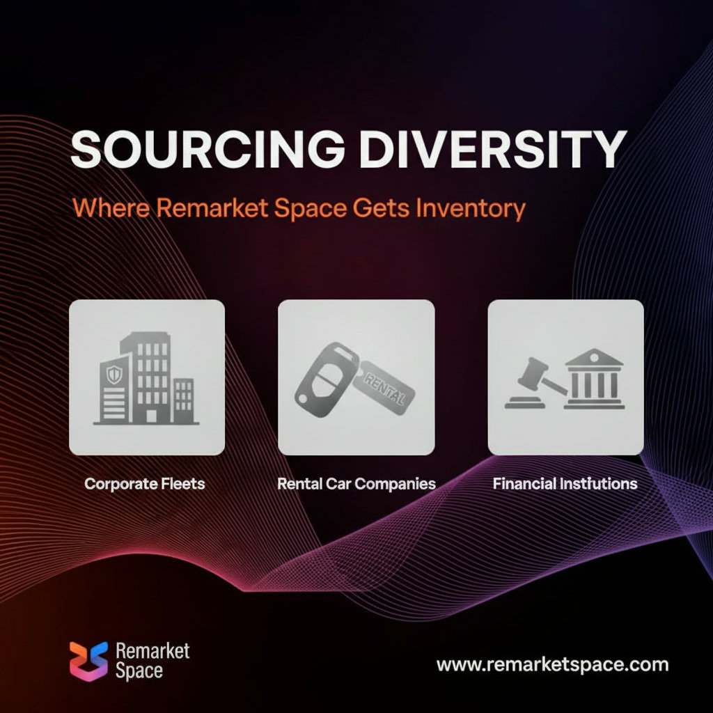 An image depicting the diverse sources of inventory for Remarket Space. This could include symbols representing corporate fleets (e.g., a logo of a generic corporate building), rental car companies (e.g., a car key with a rental tag), and financial institutions handling repossessions (e.g., a gavel or a bank facade).
