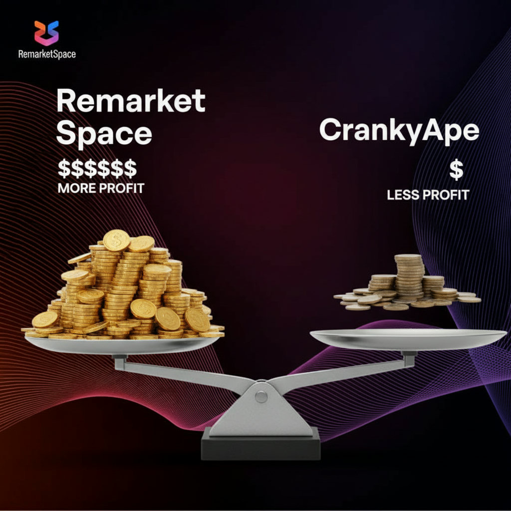 An image depicting two contrasting piles of money or scales, one significantly larger, to visually represent the financial savings and increased profit margins achieved by using Remarket Space compared to CrankyApe. The larger pile/scale should be clearly labeled 'Remarket Space' and the smaller 'CrankyApe'.