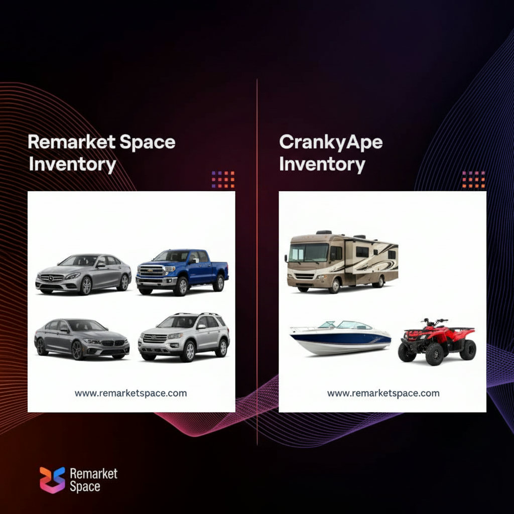 A clear visual comparison of vehicle types. One side shows an array of cars, trucks, SUVs, and motorcycles (labeled 'Remarket Space Inventory'). The other side displays RVs, boats, and powersports equipment (labeled 'CrankyApe Inventory'). This highlights the specialized inventory focus of each platform.