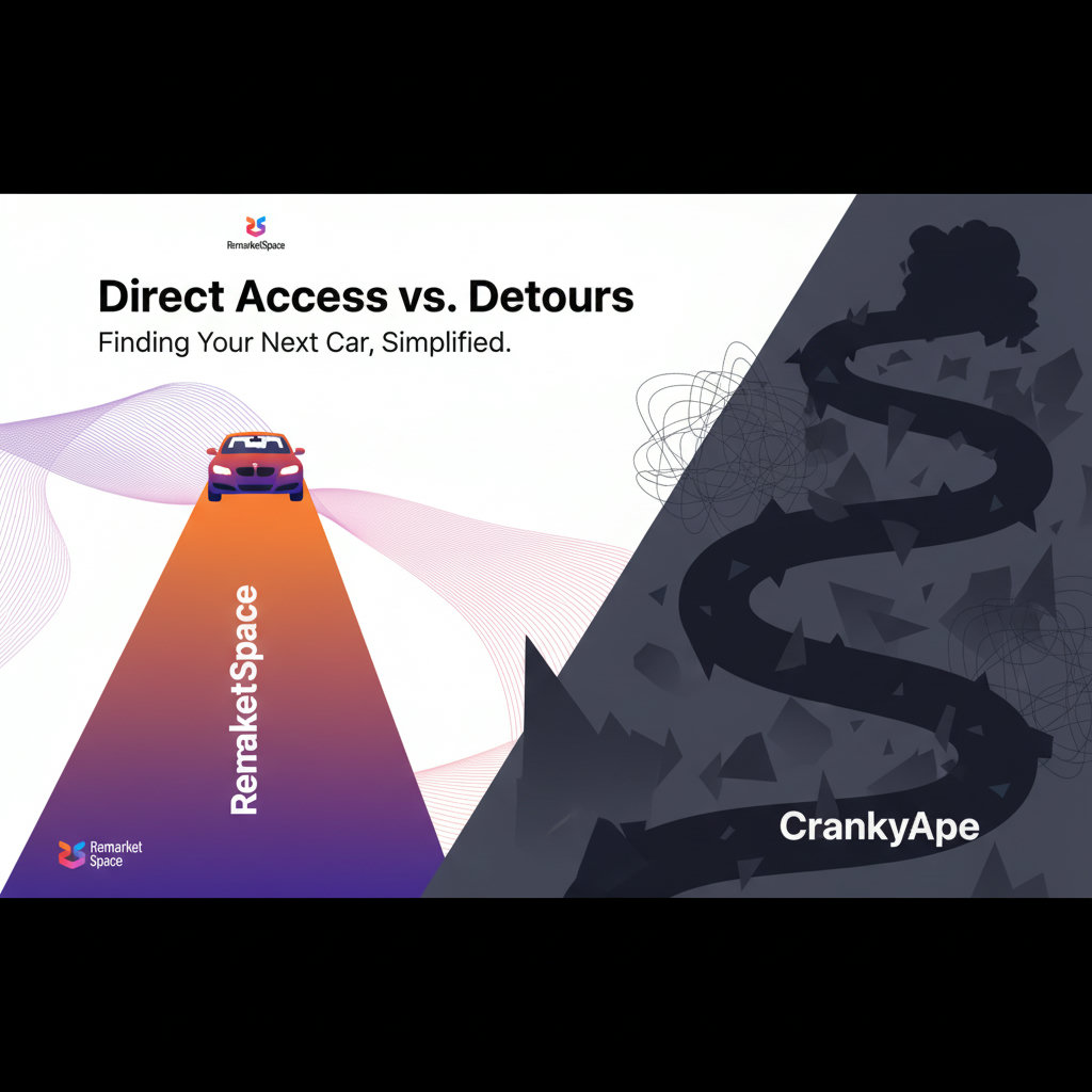 An infographic or visual metaphor showing a streamlined, clear path labeled 'Remarket Space' leading directly to a goal (e.g., a car or money bag), contrasting with a winding, obscured, or obstacle-filled path labeled 'CrankyApe'. This illustrates Remarket Space's transparent processes and direct access to inventory.