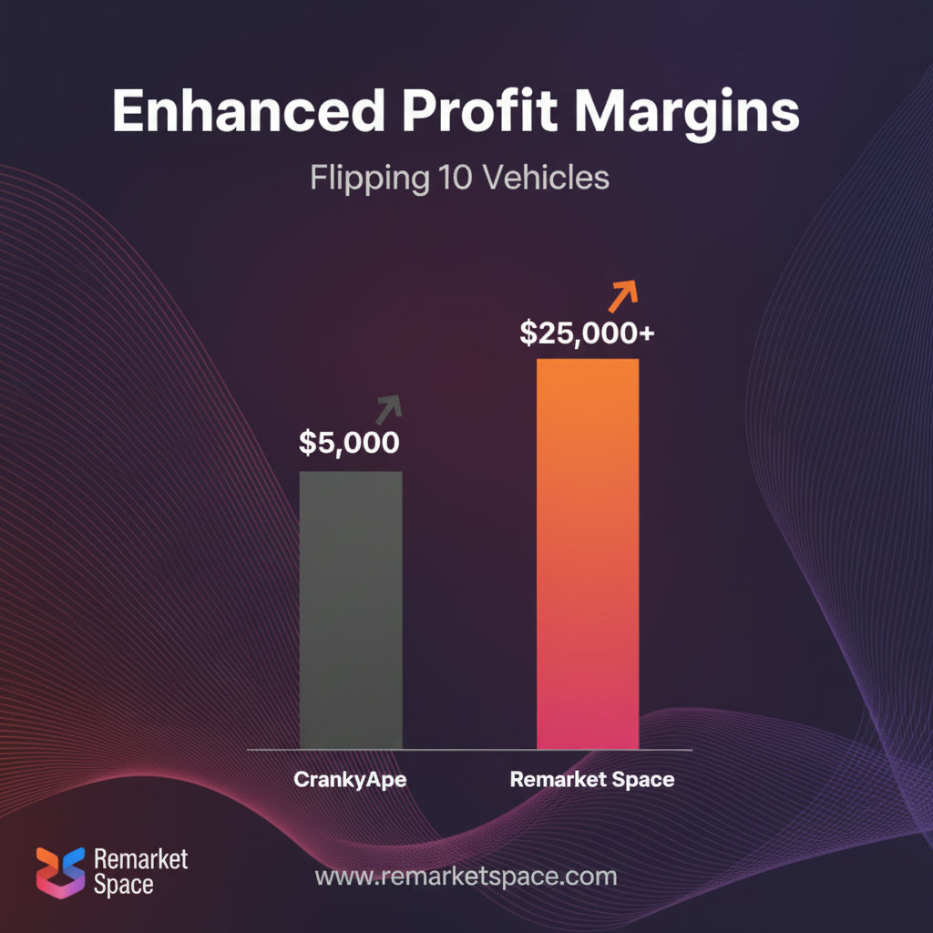 A simple yet impactful bar chart or line graph illustrating the 'Enhanced Profit Margins'. One bar/line represents 'Remarket Space' with a significantly higher profit value, and the other 'CrankyApe' with a lower profit value, based on the article's example of flipping 10 vehicles. Dollar signs or growth arrows can enhance the visual.