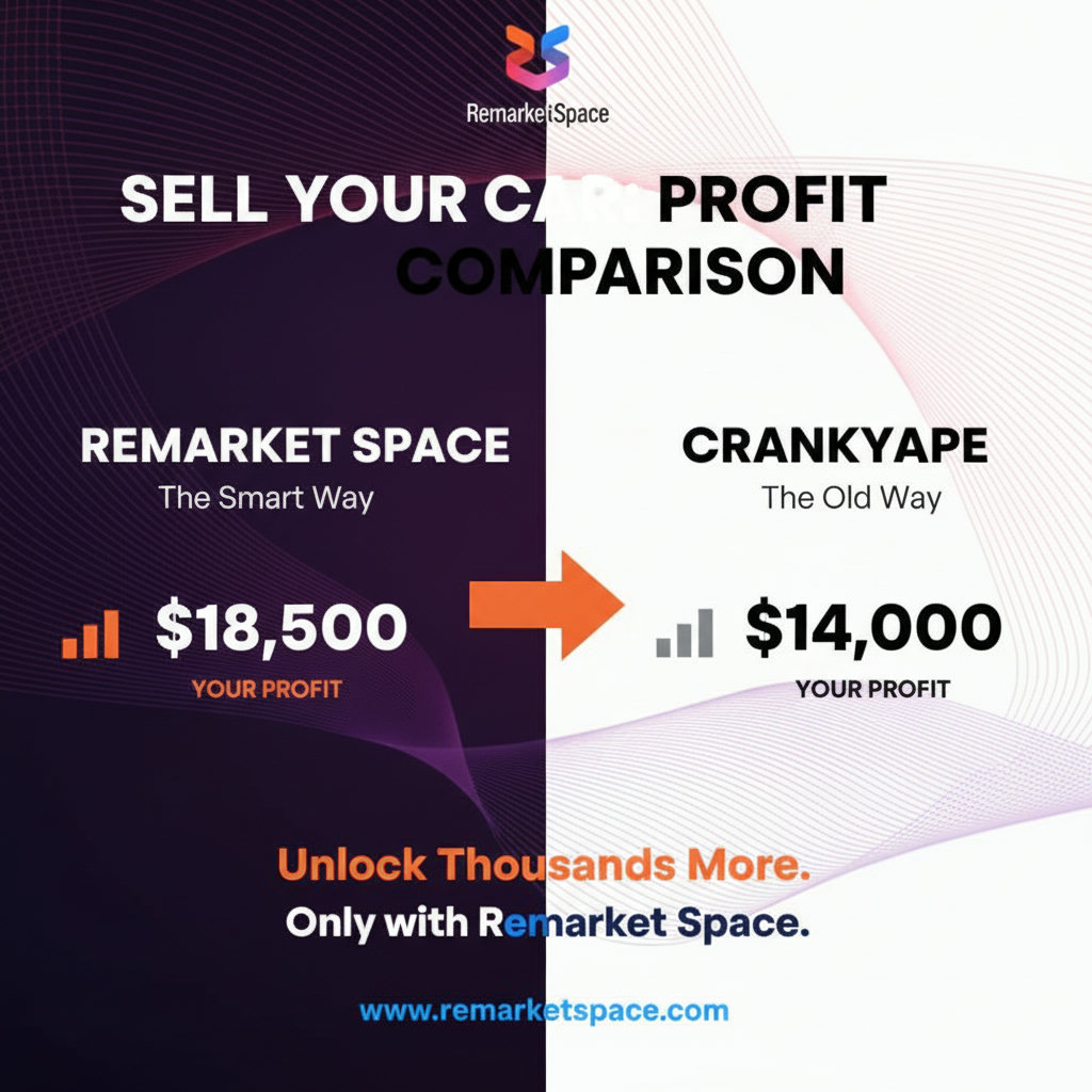 A side-by-side comparison illustrating a clear profit difference when selling a vehicle on Remarket Space versus CrankyApe.