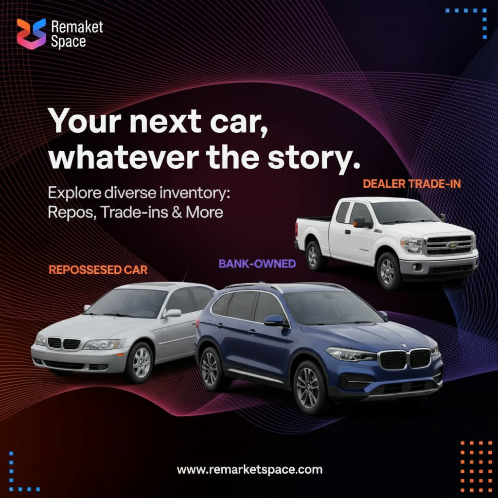 A visual representation of various types of vehicles available on Remarket Space, such as repossessed cars, bank-owned vehicles, and dealer trade-ins.