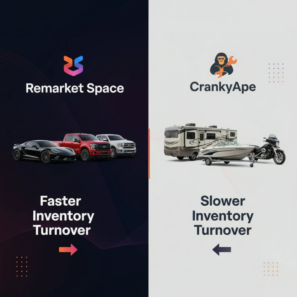 A side-by-side comparison illustrating a diverse range of cars, trucks, and SUVs for 'Remarket Space' versus recreational vehicles (RVs), boats, and motorcycles for 'CrankyApe', highlighting the specialized inventory of Remarket Space. Below the vehicles, graphics indicating 'faster inventory turnover' and 'slower inventory turnover' could be displayed respectively.