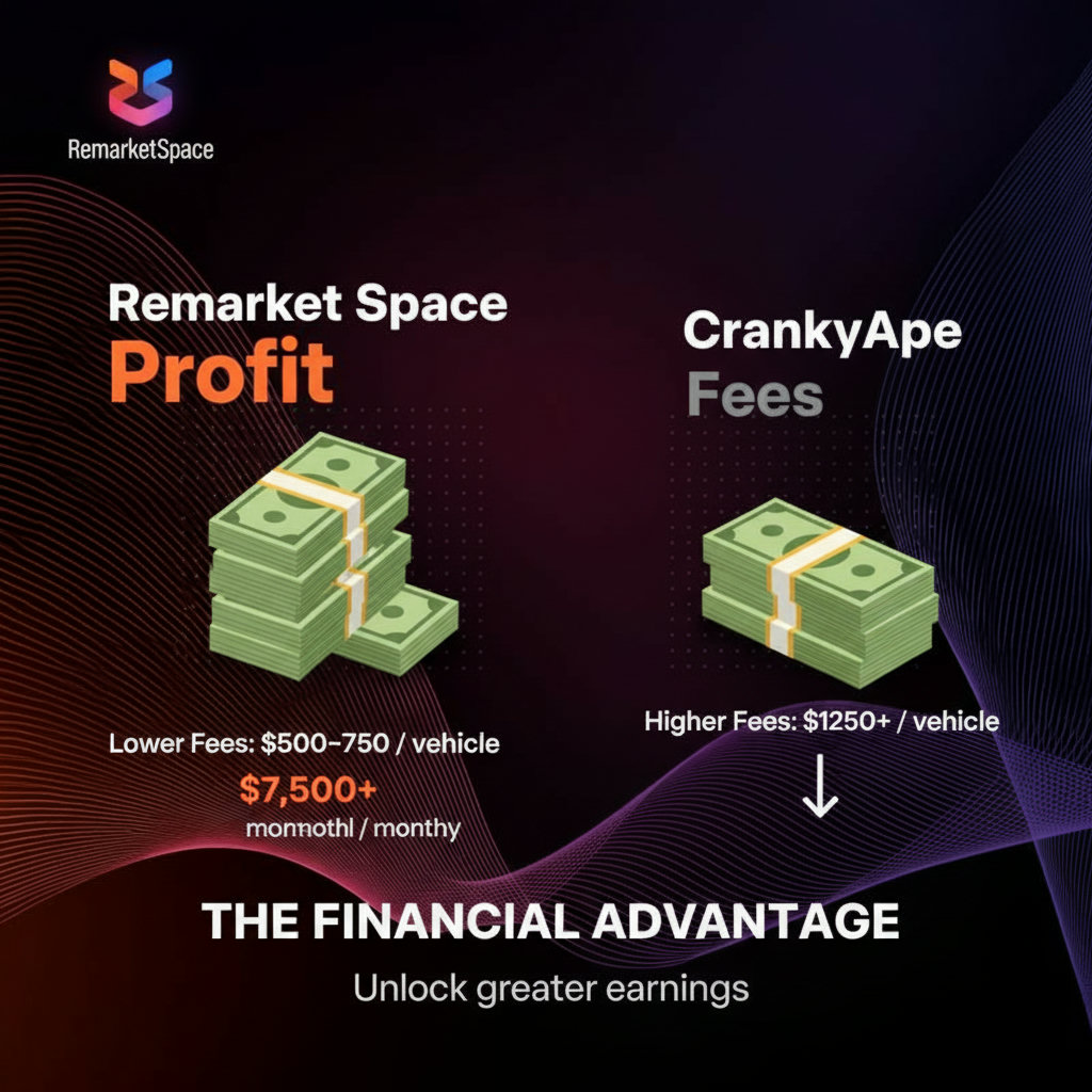 A visual representation of the financial advantage. Two stacks of money, one much higher representing 'Remarket Space' profits with lower fees, and another significantly lower representing 'CrankyApe' with higher fees. The numbers from the article (e.g., $500-$750 vs. $1250+ in fees per vehicle, or $5,000-$7,500 extra profit monthly) could be subtly integrated.