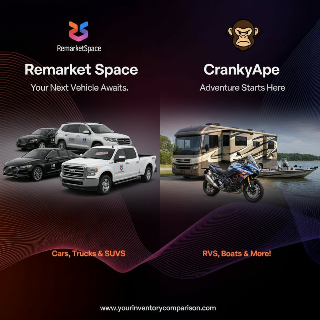 A clear visual comparison between Remarket Space and CrankyApe, highlighting their contrasting inventory focuses. Remarket Space would show sedans, SUVs, and trucks, possibly with subtle indicators of 'repossessed' or 'fleet' status (e.g., bank logos or fleet numbers). CrankyApe would display recreational vehicles like RVs, motorcycles, and boats, emphasizing its niche.
