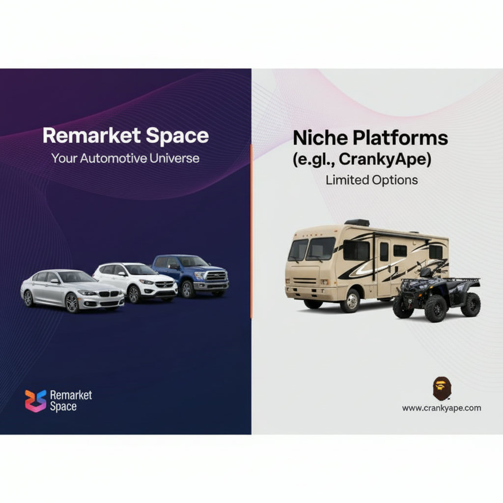 A clear, side-by-side comparison illustrating a diverse range of standard automotive vehicles (cars, trucks, SUVs) available on Remarket Space versus a limited selection of recreational vehicles (RVs, ATVs, motorcycles) often found on niche platforms like CrankyApe.