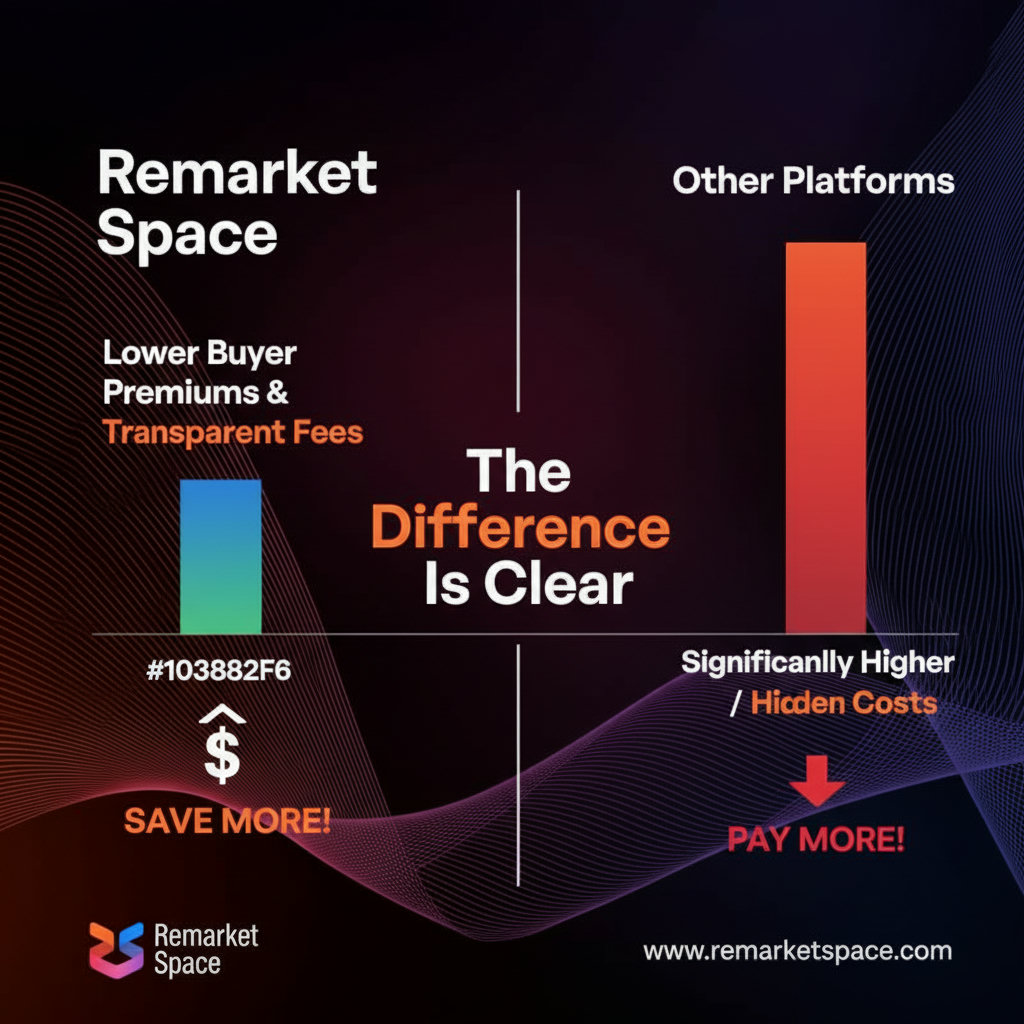 A visual representation contrasting fee structures, perhaps with two overlapping bar charts or pie charts. One visually depicts lower buyer premiums and transparent fees for Remarket Space, while the other shows significantly higher or hidden costs for other platforms, highlighting the monetary savings.