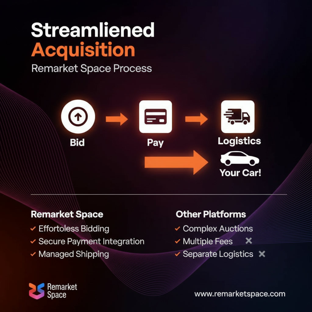 An infographic or flowchart demonstrating the streamlined acquisition process on Remarket Space, emphasizing ease of use from bidding and payment to integrated logistics support, contrasting it with a more complex or fragmented process on other platforms.