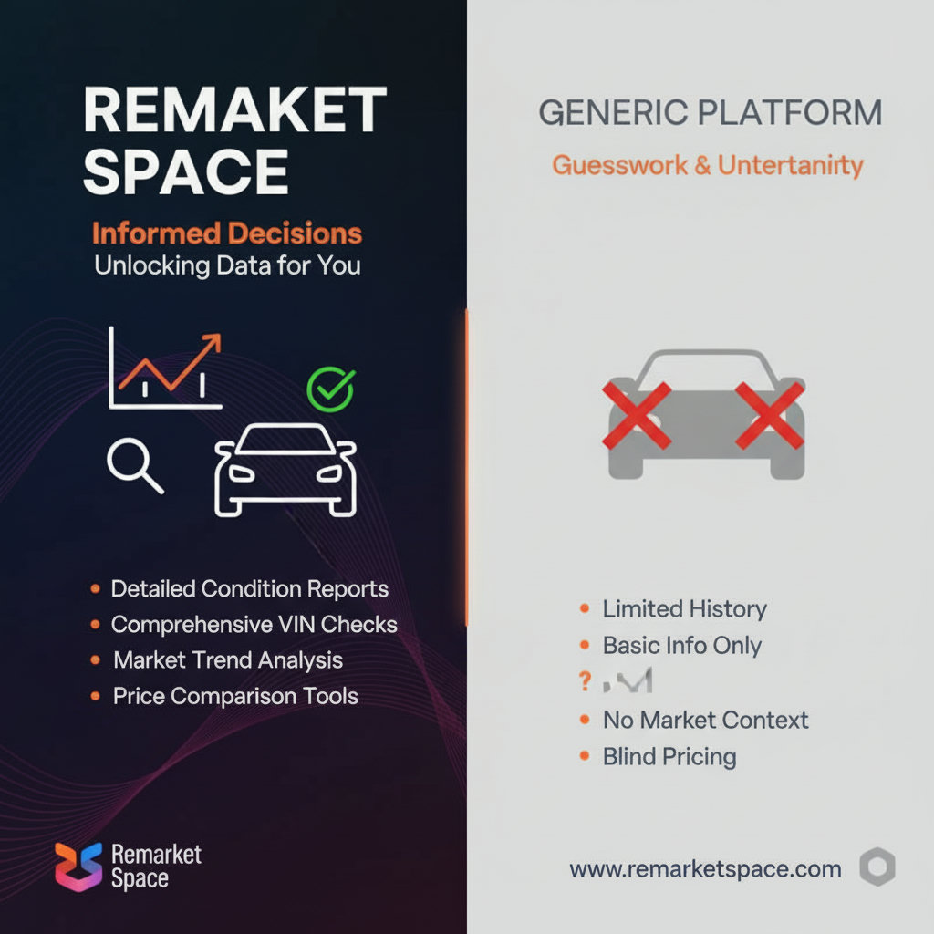 A split image or infographic showcasing rich data available on Remarket Space (e.g., detailed condition reports, VIN checks, market trends graphs) on one side, and a representation of limited or absent data on a generic platform on the other, symbolizing informed vs. uninformed buying decisions.