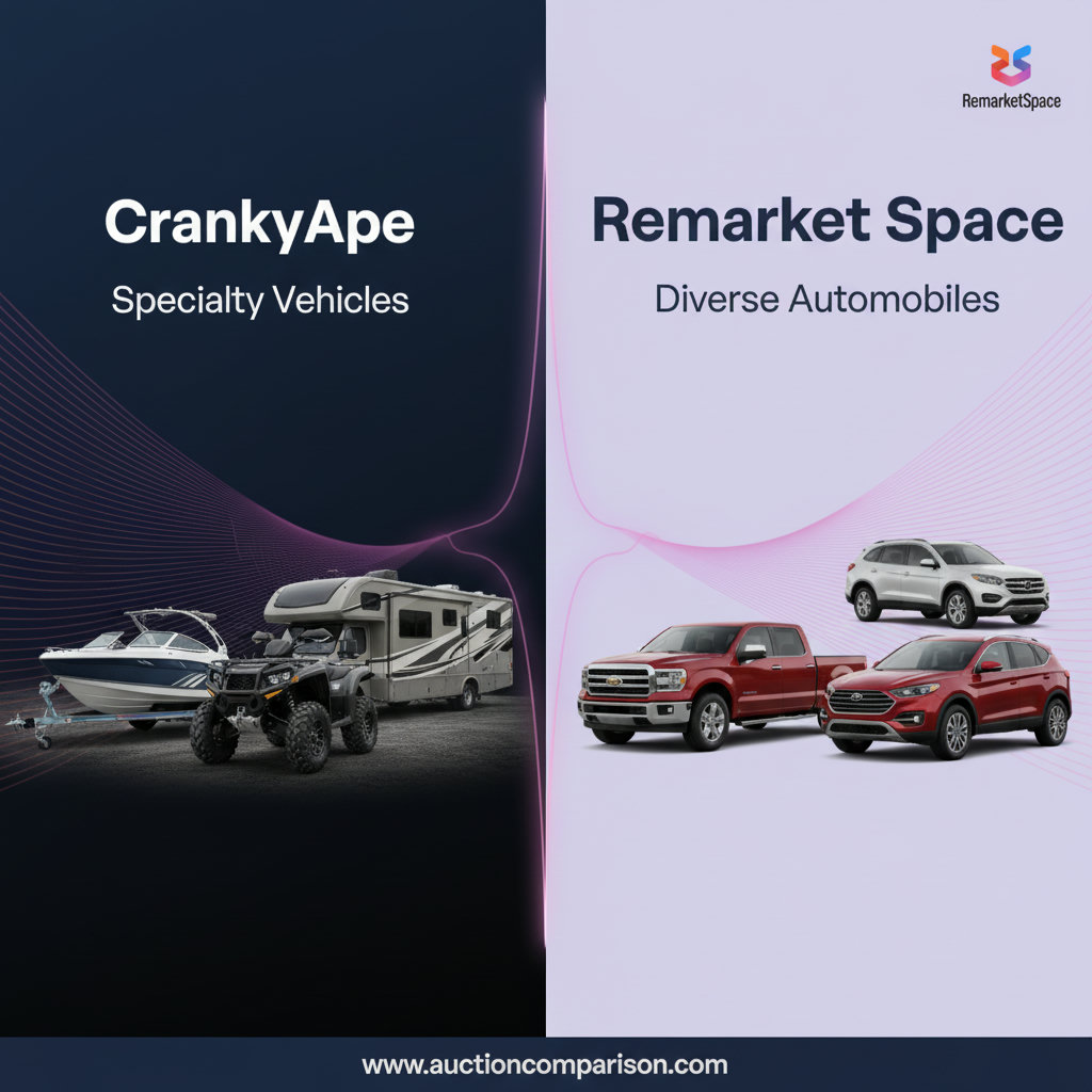 A visually striking comparison of two auction platforms, CrankyApe and Remarket Space. CrankyApe could be represented by recreational vehicles like boats, ATVs, and RVs, while Remarket Space could feature a diverse range of standard automobiles like cars, trucks, and SUVs. The image should highlight the contrast in inventory focus.