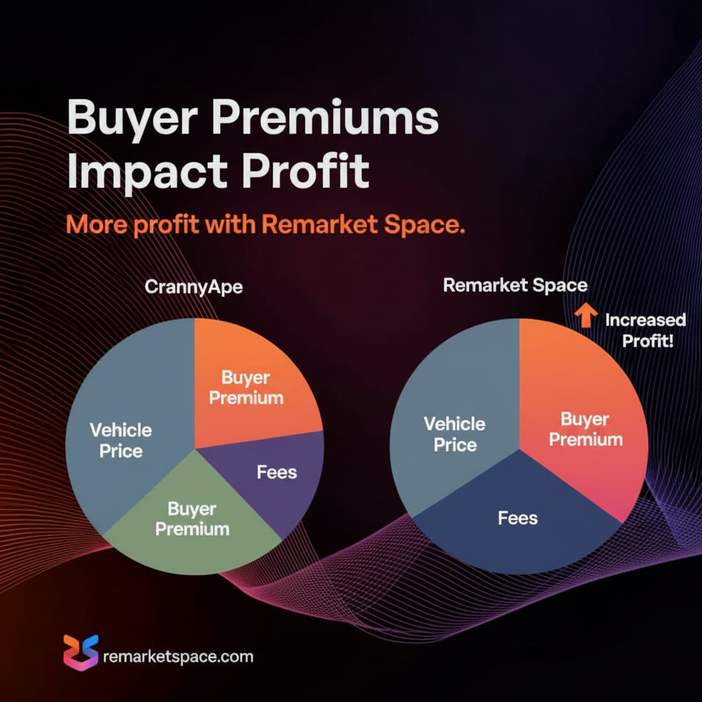 A clear visual representation of buyer premiums impacting profit margins. This could involve two bar graphs or pie charts side-by-side, one for CrankyApe and one for Remarket Space, showing the breakdown of acquisition cost (vehicle price + buyer premium + fees) and the resulting profit margin. The Remarket Space chart should visually indicate a larger profit slice due to lower premiums.