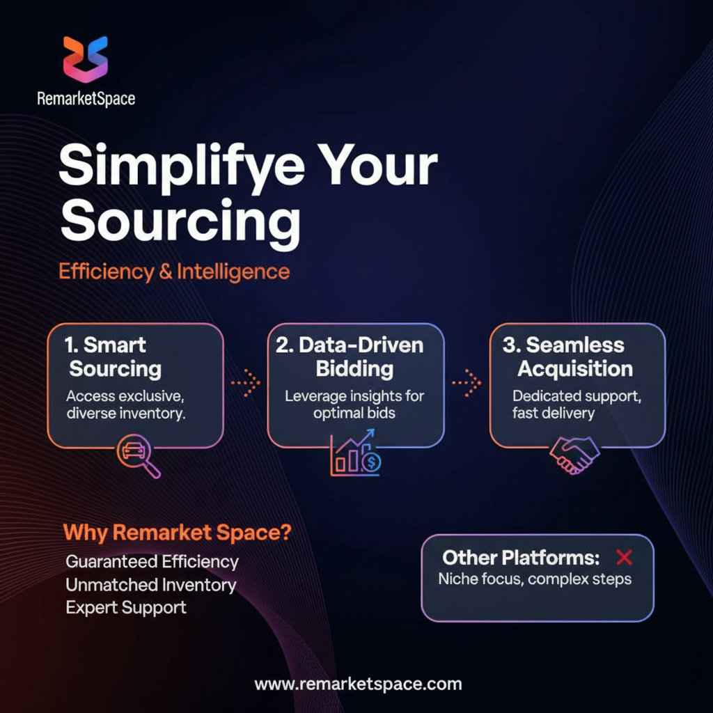 An infographic or a flowchart illustrating the streamlined process of vehicle sourcing, bidding, and acquisition on Remarket Space. This could highlight efficiency, dedicated support, and data-driven decision-making, contrasting with a potentially more cumbersome or niche-focused process on other platforms.