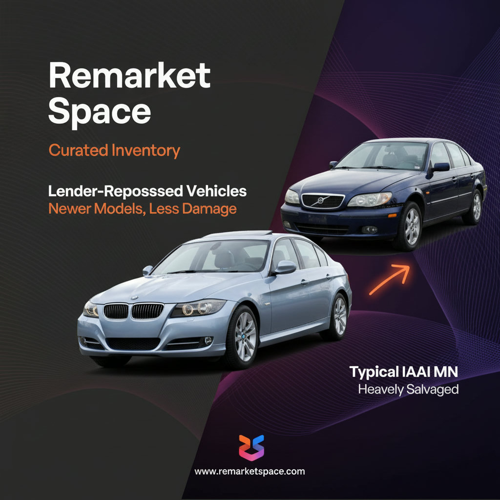 An image illustrating the specialized inventory of Remarket Space, focusing on lender-repossessed vehicles that are typically newer models with less damage, contrasting them with heavily salvaged vehicles often found at IAAI MN. This could involve before-and-after imagery or a graphic depicting vehicle conditions.
