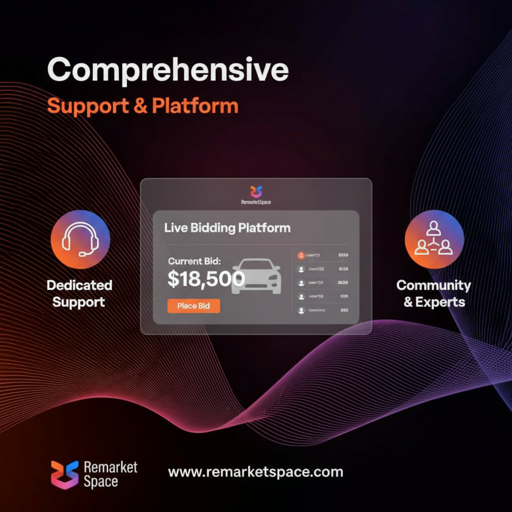 A visual representation of the comprehensive support and advanced platform offered by Remarket Space, perhaps showing a user-friendly online bidding interface alongside icons representing dedicated support and community aspects.
