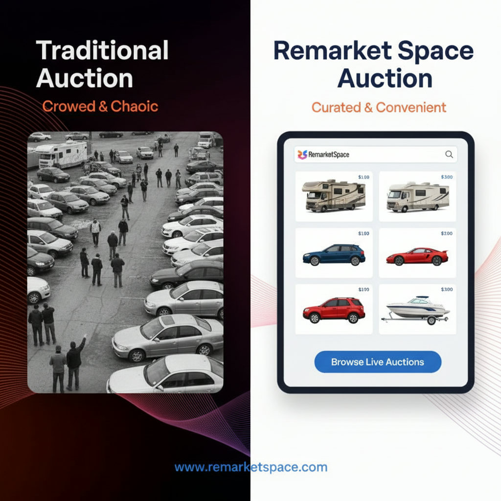 A visual comparison of a bustling, traditional speedway auto auction with many people and diverse generic cars versus a streamlined, modern online auction platform (Remarket Space) with a curated selection of specialized vehicles (RVs, boats, repossessed cars) on a digital interface.