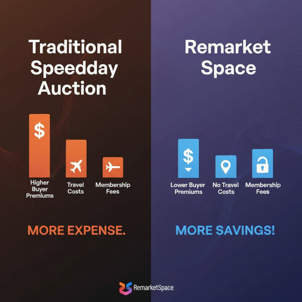 An infographic or split image illustrating the cost savings between a traditional speedway auto auction and Remarket Space. One side shows higher buyer premiums, travel costs, and membership fees associated with traditional auctions. The other side highlights lower buyer premiums, no travel costs, and no membership fees with Remarket Space, potentially using dollar signs or bar graphs to represent the difference.