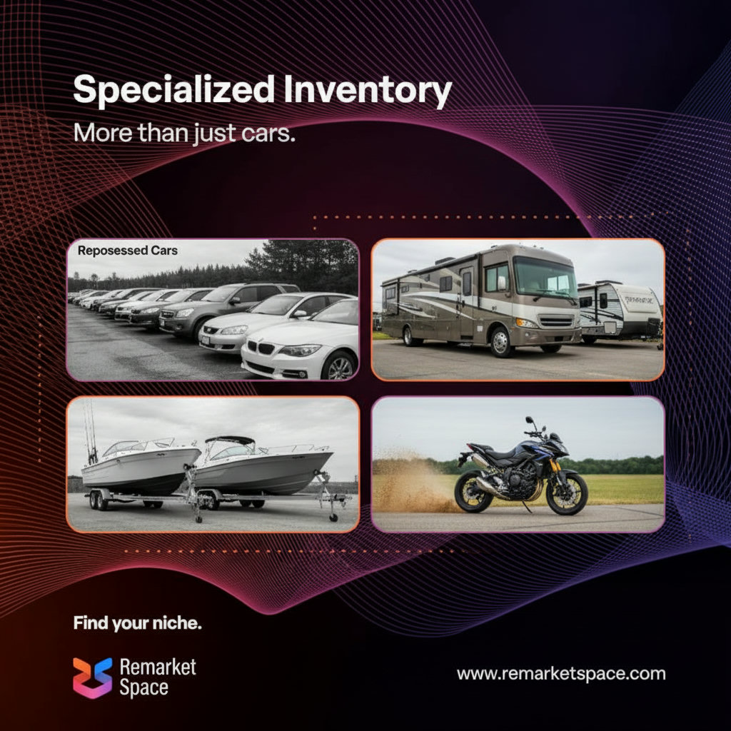 A visual representation of specialized inventory: a collage or split image showcasing repossessed vehicles, various RVs (motorhomes, travel trailers), different types of boats (fishing, recreational), and powersports vehicles (ATVs, motorcycles). This should emphasize the niche focus of platforms like Remarket Space compared to a general auto auction.