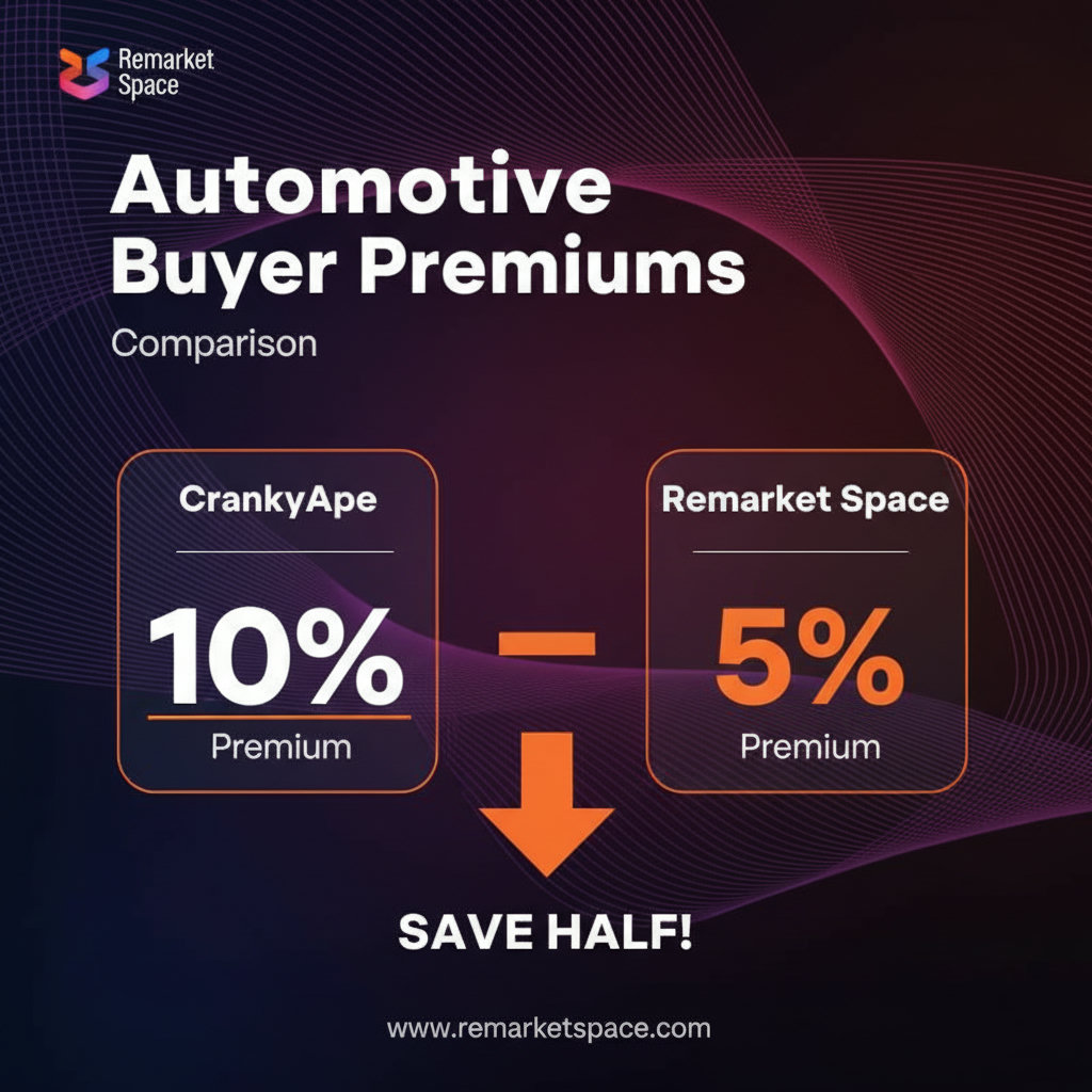 An infographic or chart comparing the buyer premiums of CrankyApe (10%) and Remarket Space (5%) on automotive assets, visually emphasizing the cost savings.